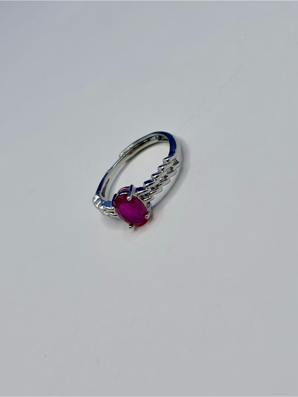 Adjustable Silver Tone Pink Oval Gemstone Ring | Braided Band | Statement Ring - Picture 4 of 6